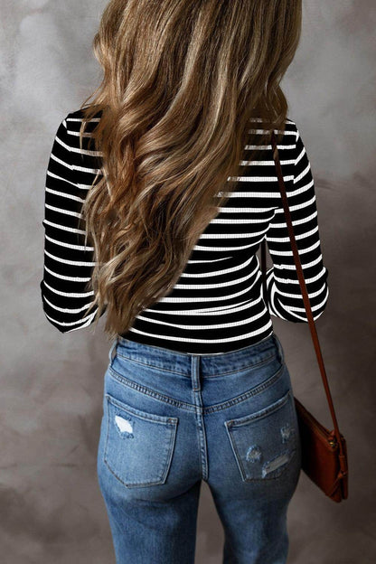 Striped V-Neck Long Sleeve Top for Women Casual Wear - Selvanelle