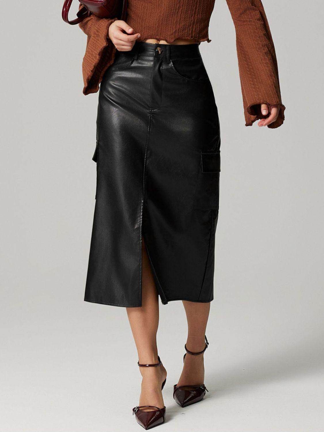 Slit Midi Skirt with Pockets for Effortless Style - Selvanelle
