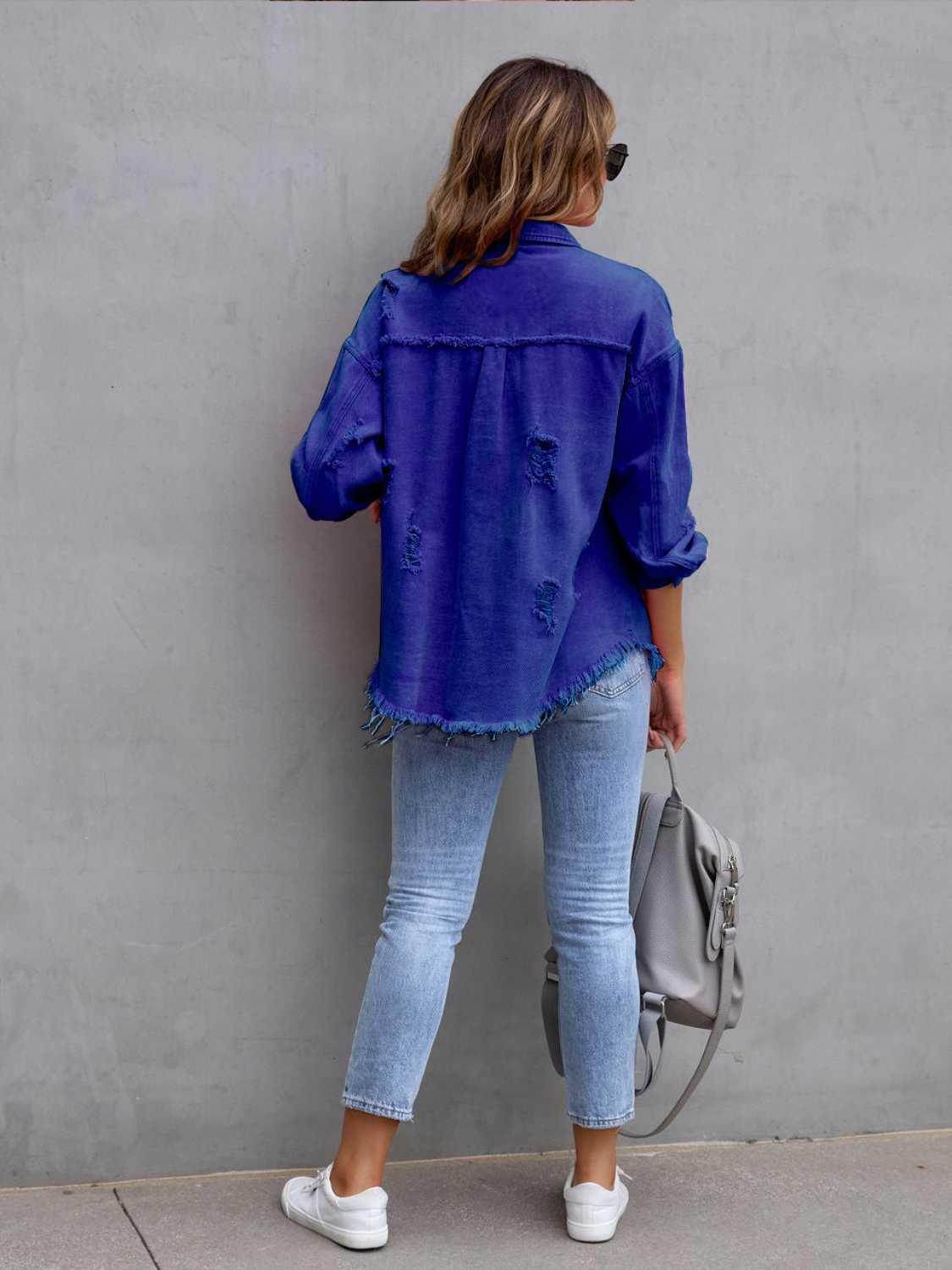 Distressed Drop Shoulder Denim Jacket for Casual Style - Selvanelle