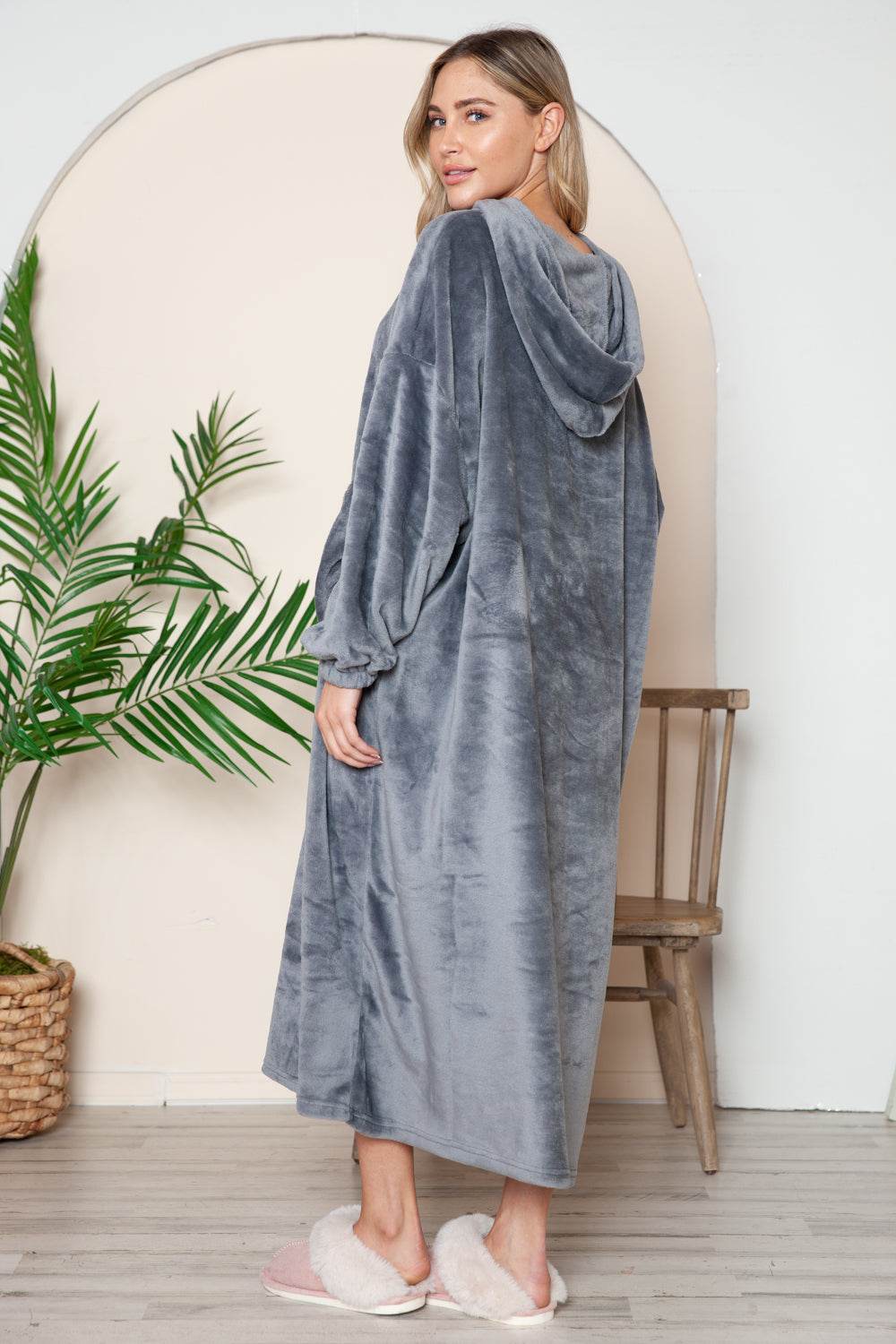 Double Take Full Size Pocketed Hooded Midi Lounge Dress - Selvanelle