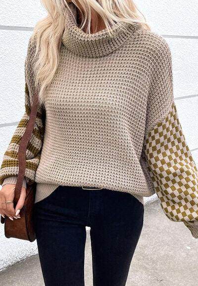Striped & Checkered Turtleneck Dropped Shoulder Sweater - Selvanelle