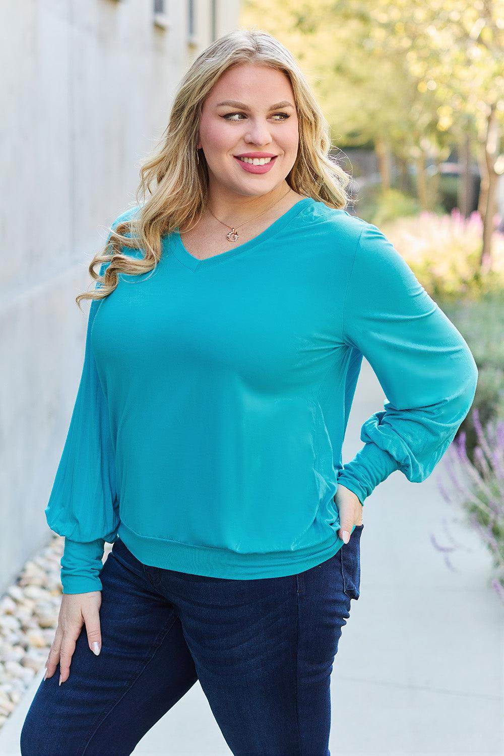 Basic Bae Full Size V-Neck Lantern Sleeve Top for Women - Selvanelle