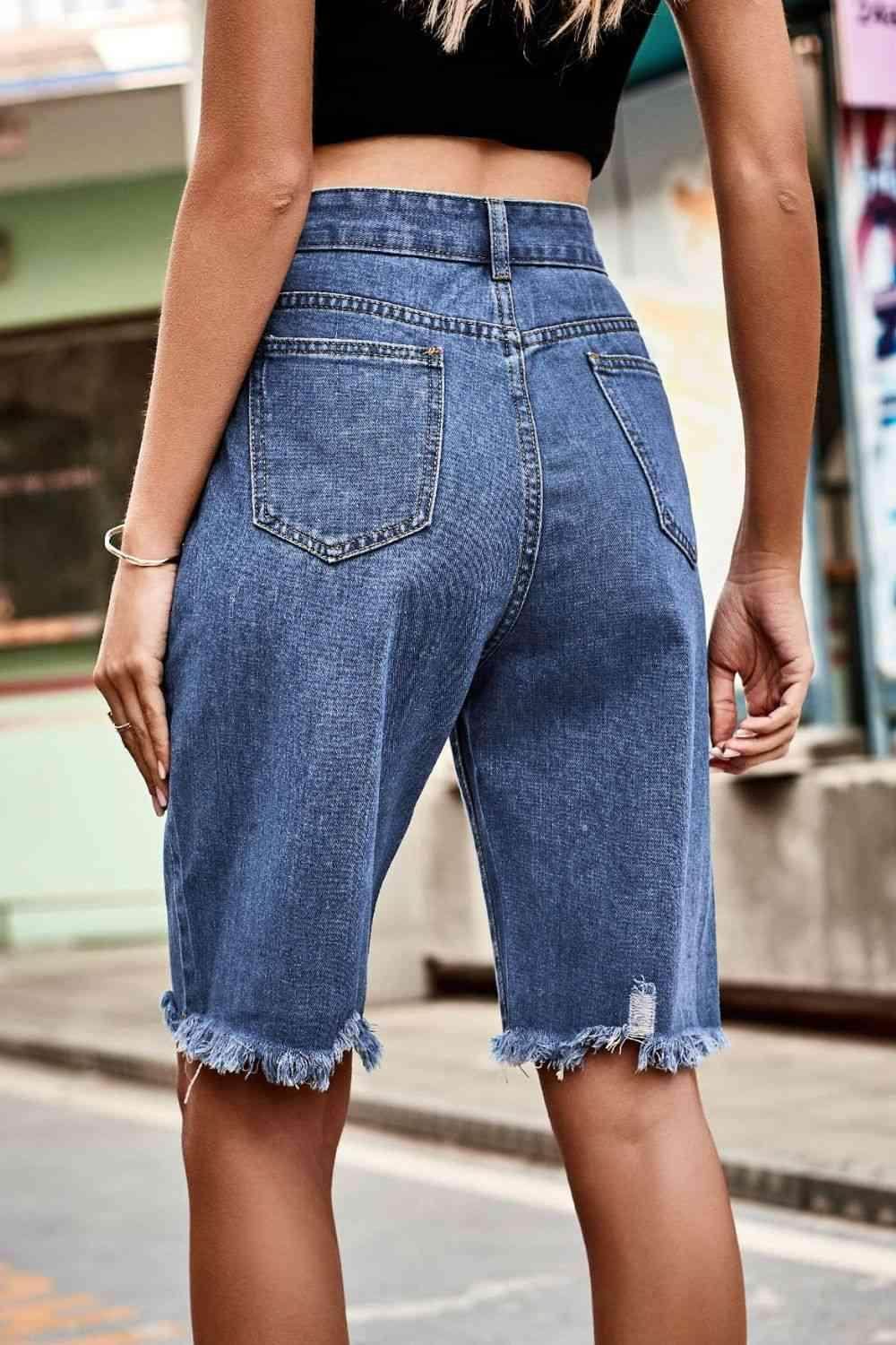 Raw Hem High Waist Denim Shorts with Pockets for Women - Selvanelle