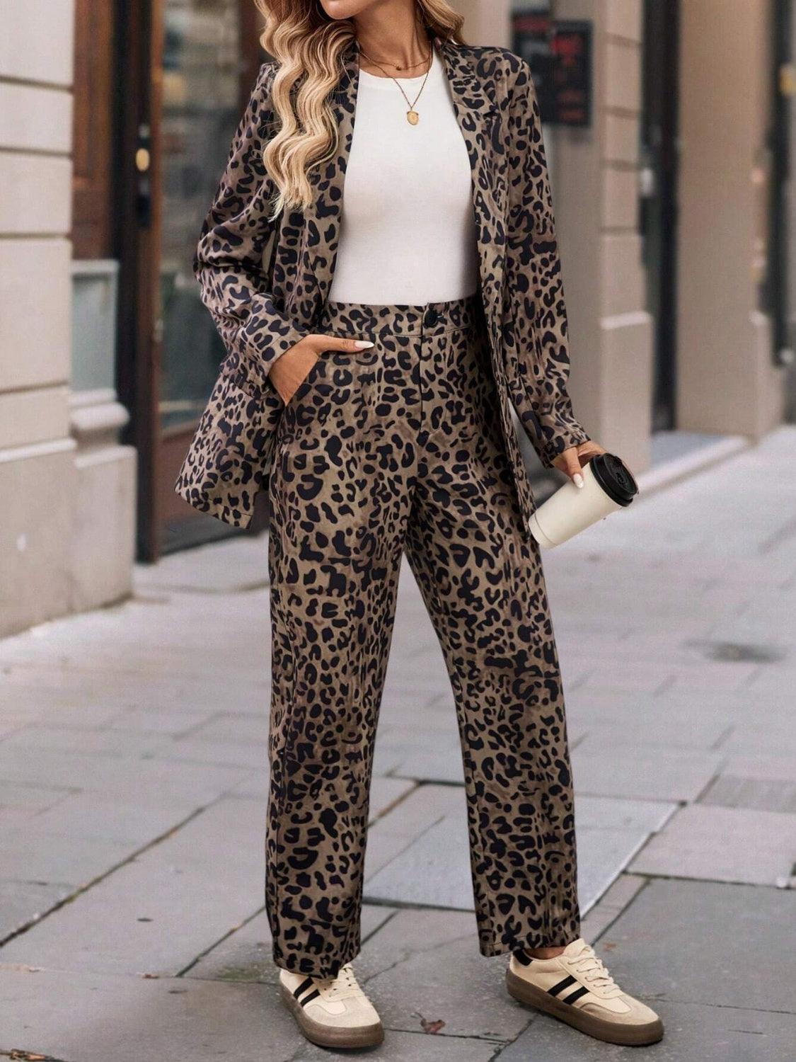 Full Size Leopard Lapel Collar Blazer and Pants Set