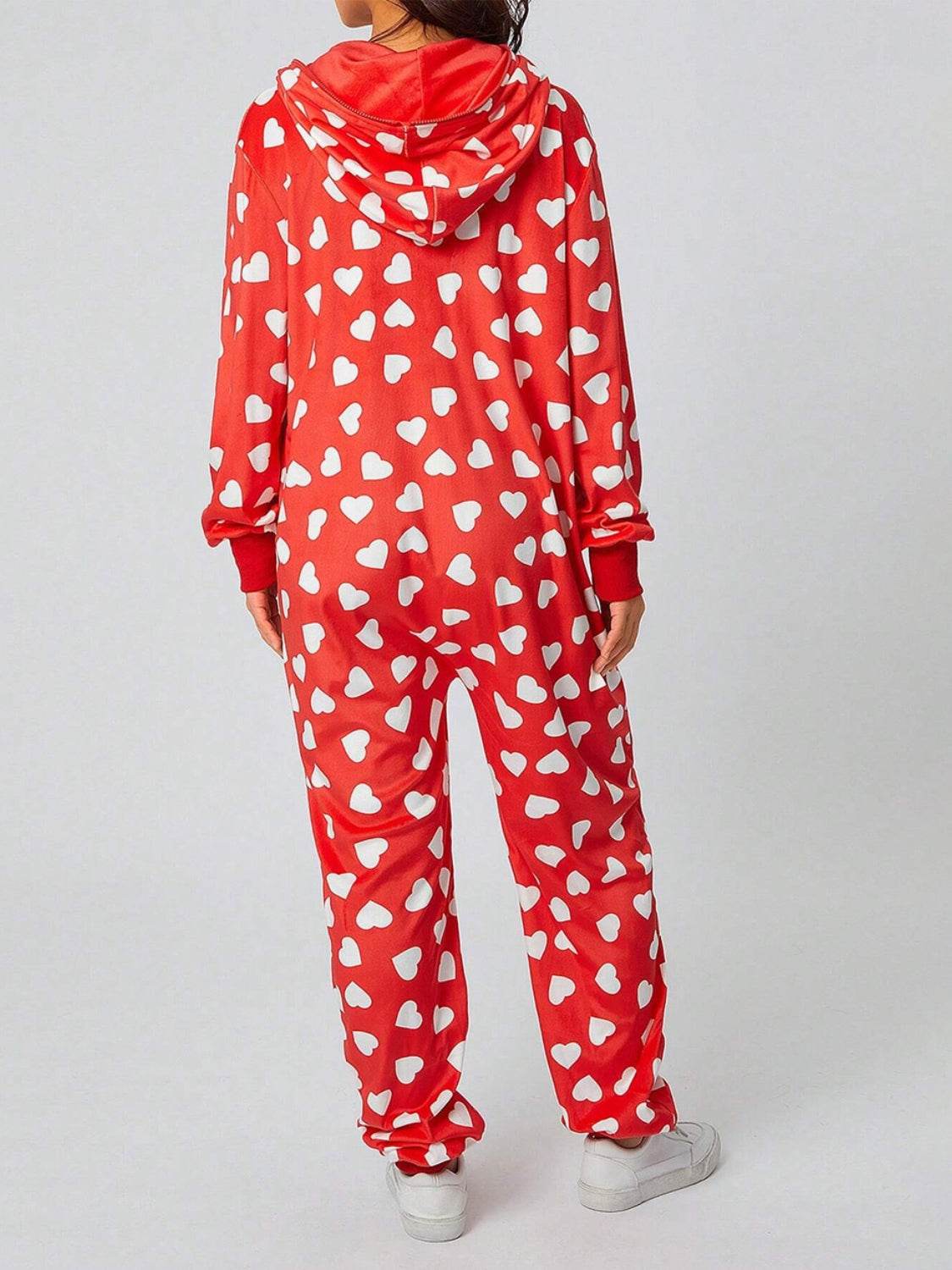 Printed Zip Up Long Sleeve Hooded Jumpsuit - Selvanelle