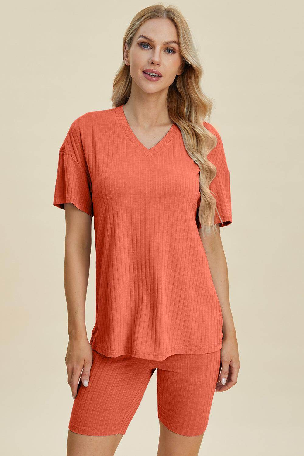 Basic Bae Full Size Ribbed V-Neck Top and Shorts Set For Women - Selvanelle