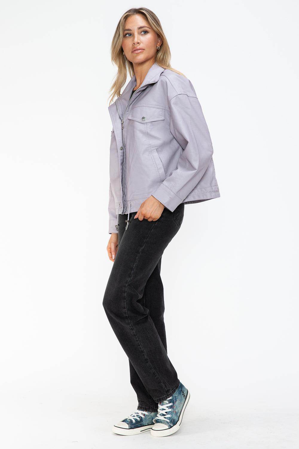 How Dare U Drawstring Hem PU Leather Zip Up Jacket Women - Selvanelle