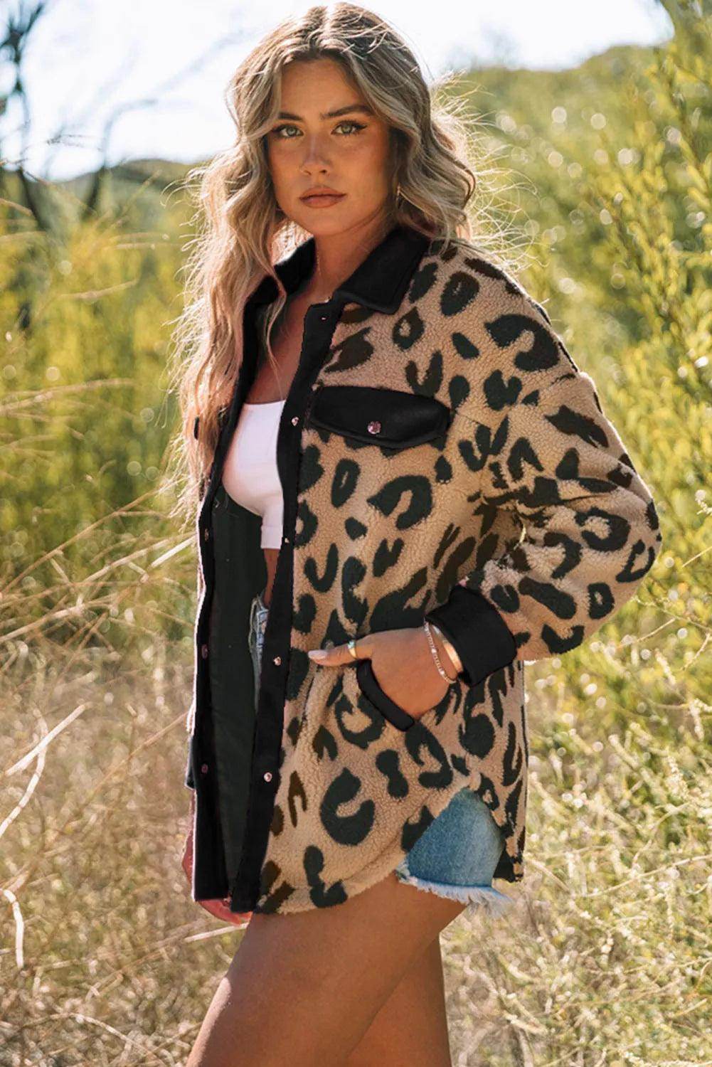 Leopard Button Up Long Sleeve Jacket for Stylish Comfort - Selvanelle