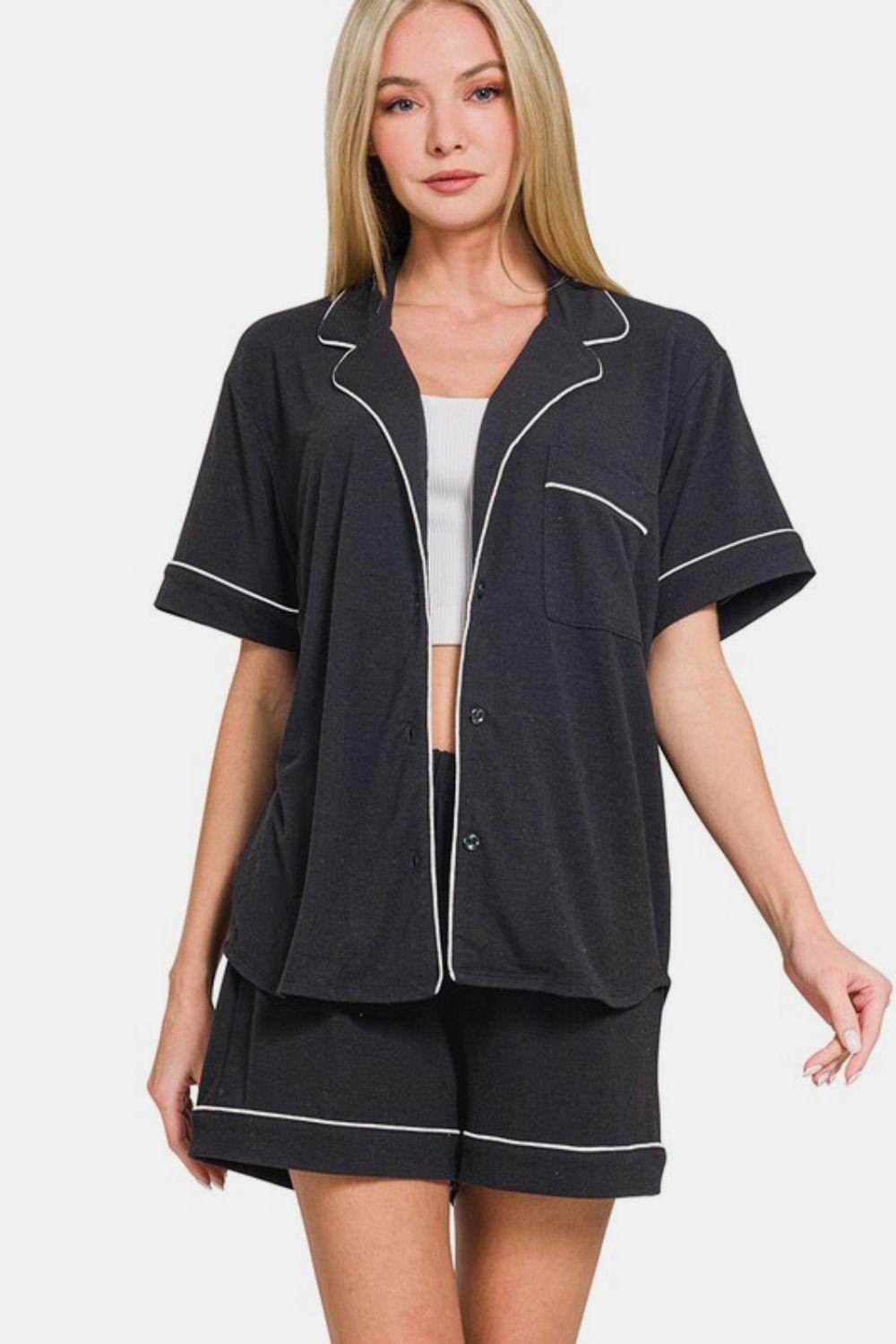 Zenana Button Down Short Sleeve Top and Shorts Lounge Set - Selvanelle