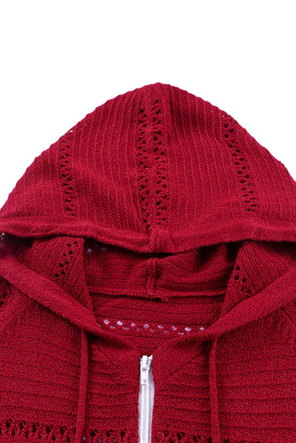 Zip-Up Raglan Sleeve Openwork Hooded Cardigan for Women - Selvanelle