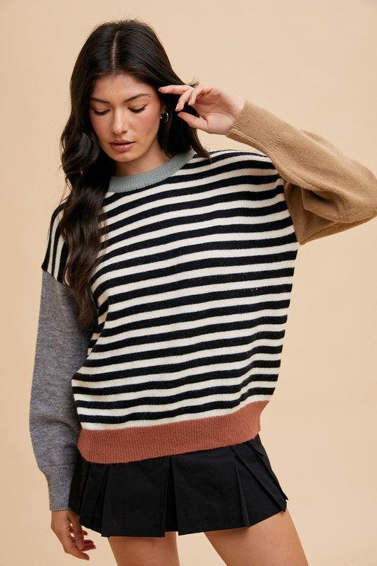 Annie Wear Striped Color Block Round Neck Sweater for Women