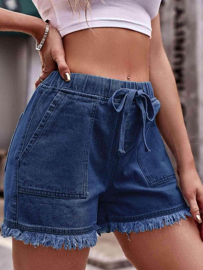 Drawstring Raw Hem Denim Shorts for Casual Chic Style - Selvanelle