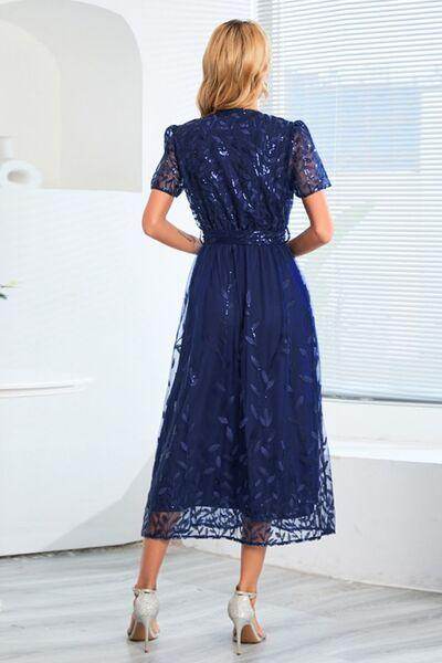 Sequin Leaf Embroidery Tie Front Short Sleeve Dress for Women - Selvanelle