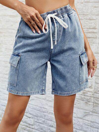 Drawstring Denim Shorts with Pockets for Women Fashion - Selvanelle