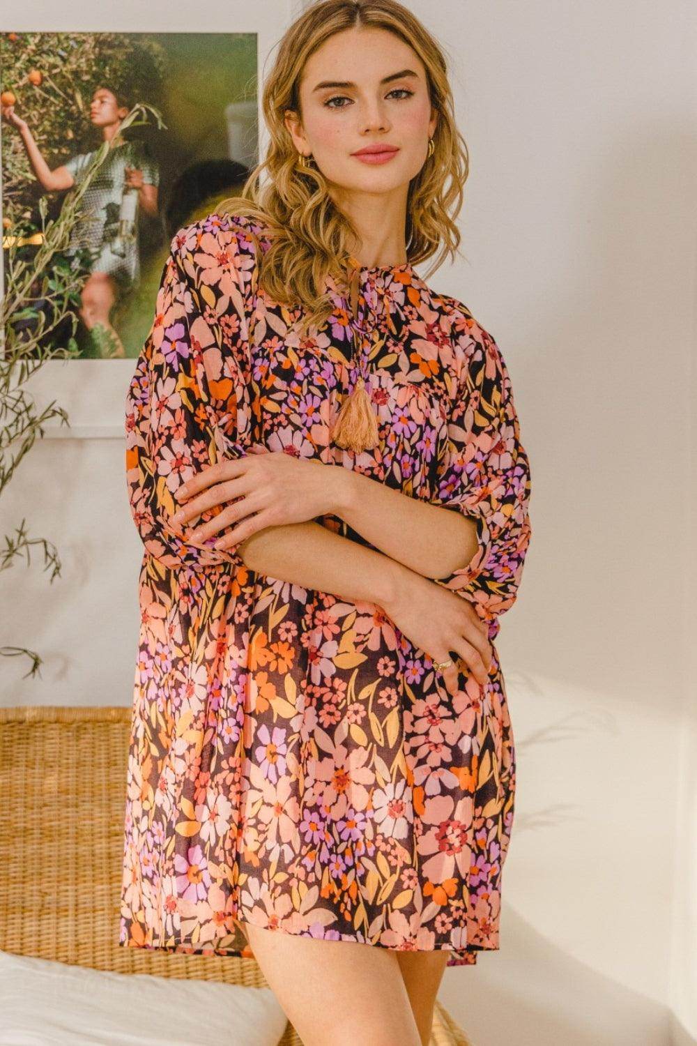 ODDI Full Size Floral Tied Neck Mini Dress for Women - Selvanelle