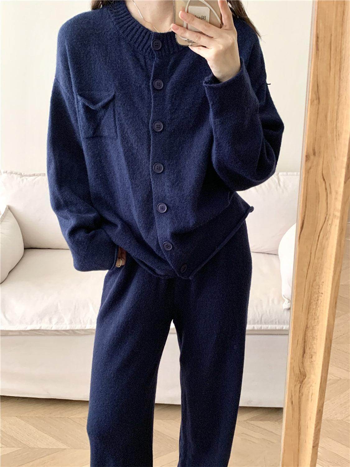 Pocketed Round Neck Button Up Cardigan and Pants Sweater Set - Selvanelle