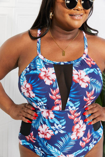 Floral Crisscross Spliced Mesh One-Piece Swimsuit - Selvanelle