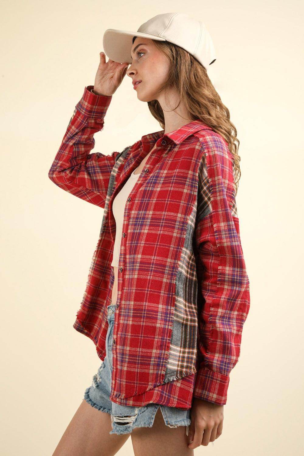 Very J Contrast Plaid Raw Detail Shirt for Casual Chic - Selvanelle