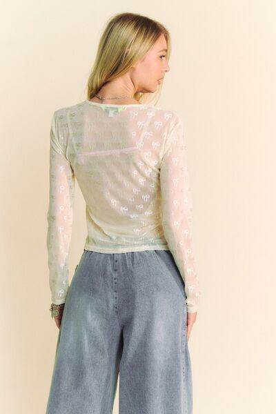 Davi & Dani Bow Mesh Round Neck Long Sleeve Top for Women - Selvanelle