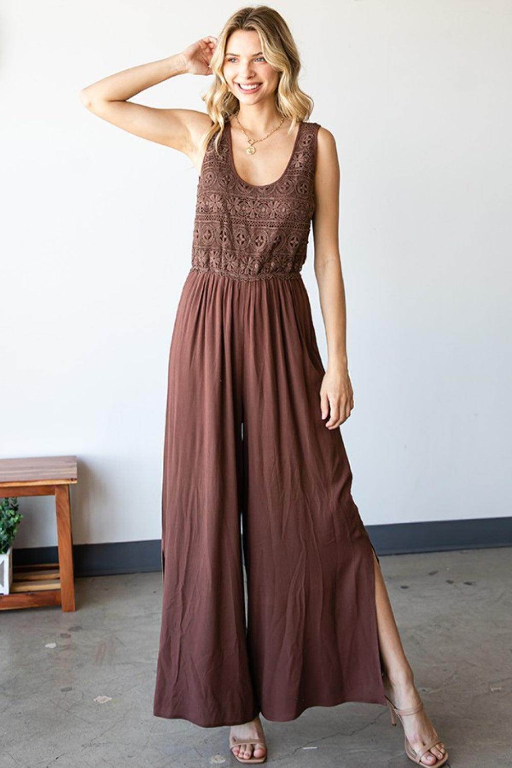 First Love Tie Back Sleeveless Slit Wide Leg Jumpsuit for Women - Selvanelle
