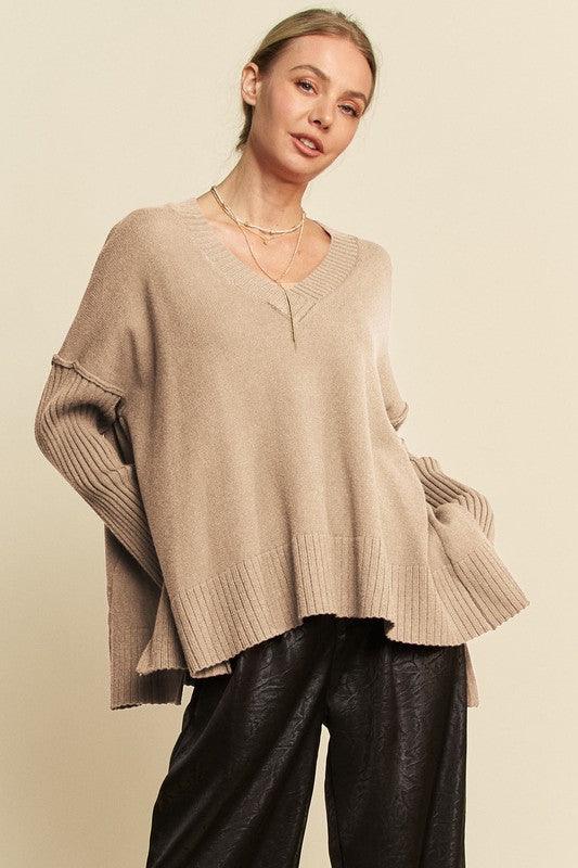 Davi & Dani Ribbed Side Slit V-Neck Sweater for Women