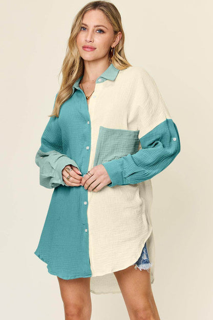 Double Take Full Size Pocketed Texture Button Up Shirt - Selvanelle
