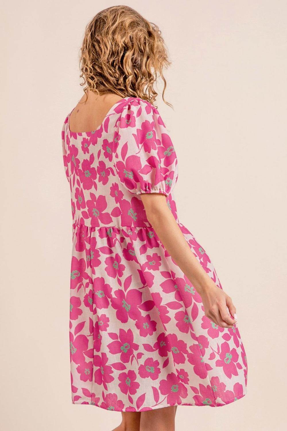 BiBi Printed Square Neck Puff Sleeve Mini Dress for Women - Selvanelle