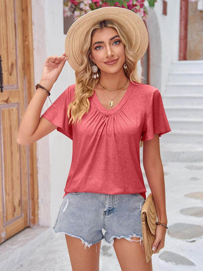 Double Take Ruched V-Neck Short Sleeve T-Shirt for Women - Selvanelle