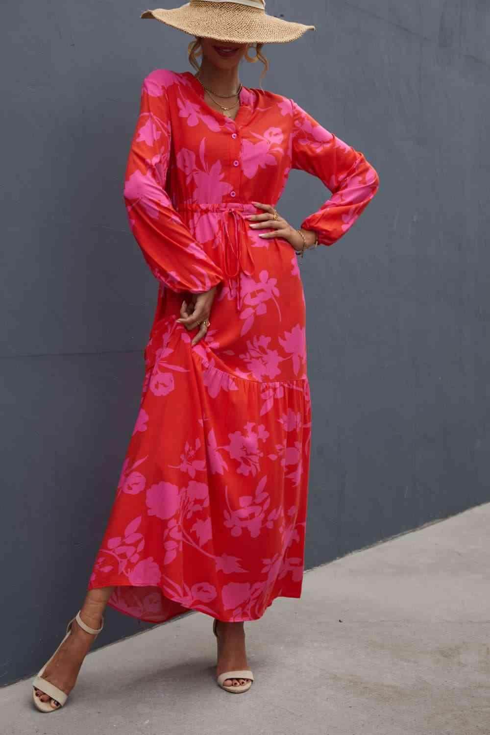 Floral Drawstring Waist Long Sleeve Dress for Women - Selvanelle