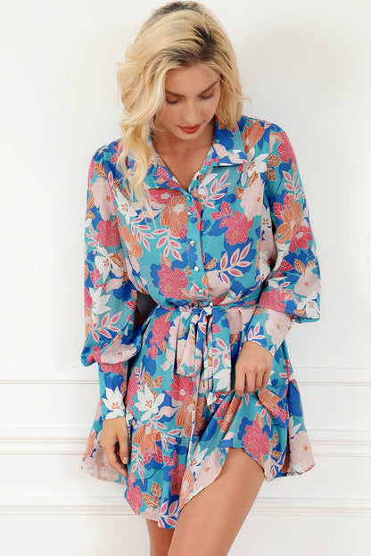 Floral Tie Waist Lantern Sleeve Ruffled Hem Mini Dress - Selvanelle