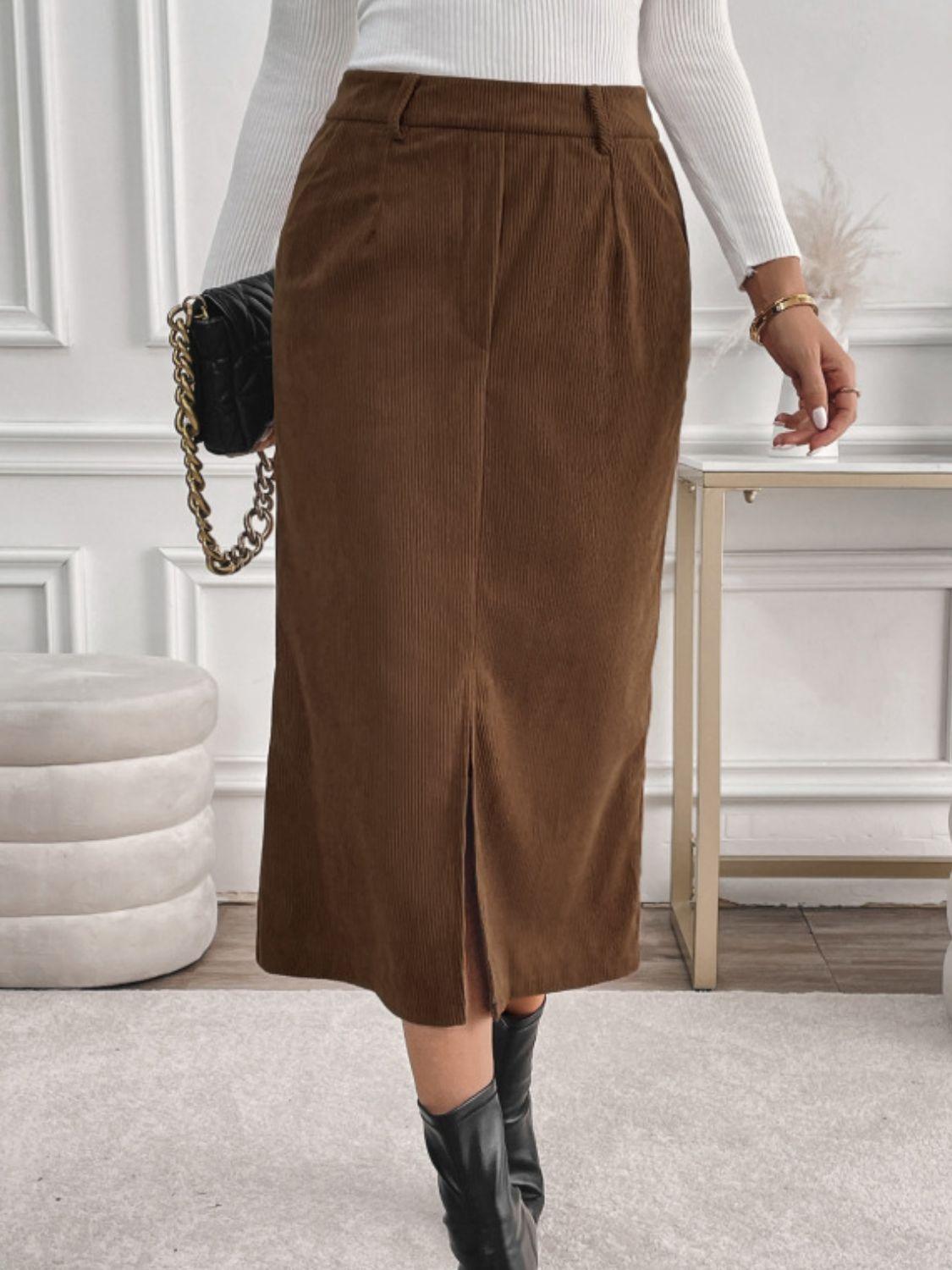 Perfee Slit Midi Skirt with Pockets for Stylish Comfort