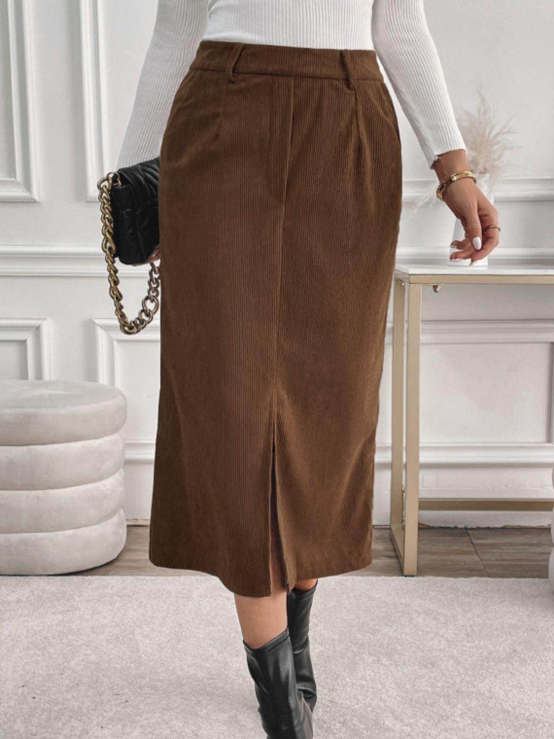 Perfee Slit Midi Skirt with Pockets for Stylish Comfort - Selvanelle