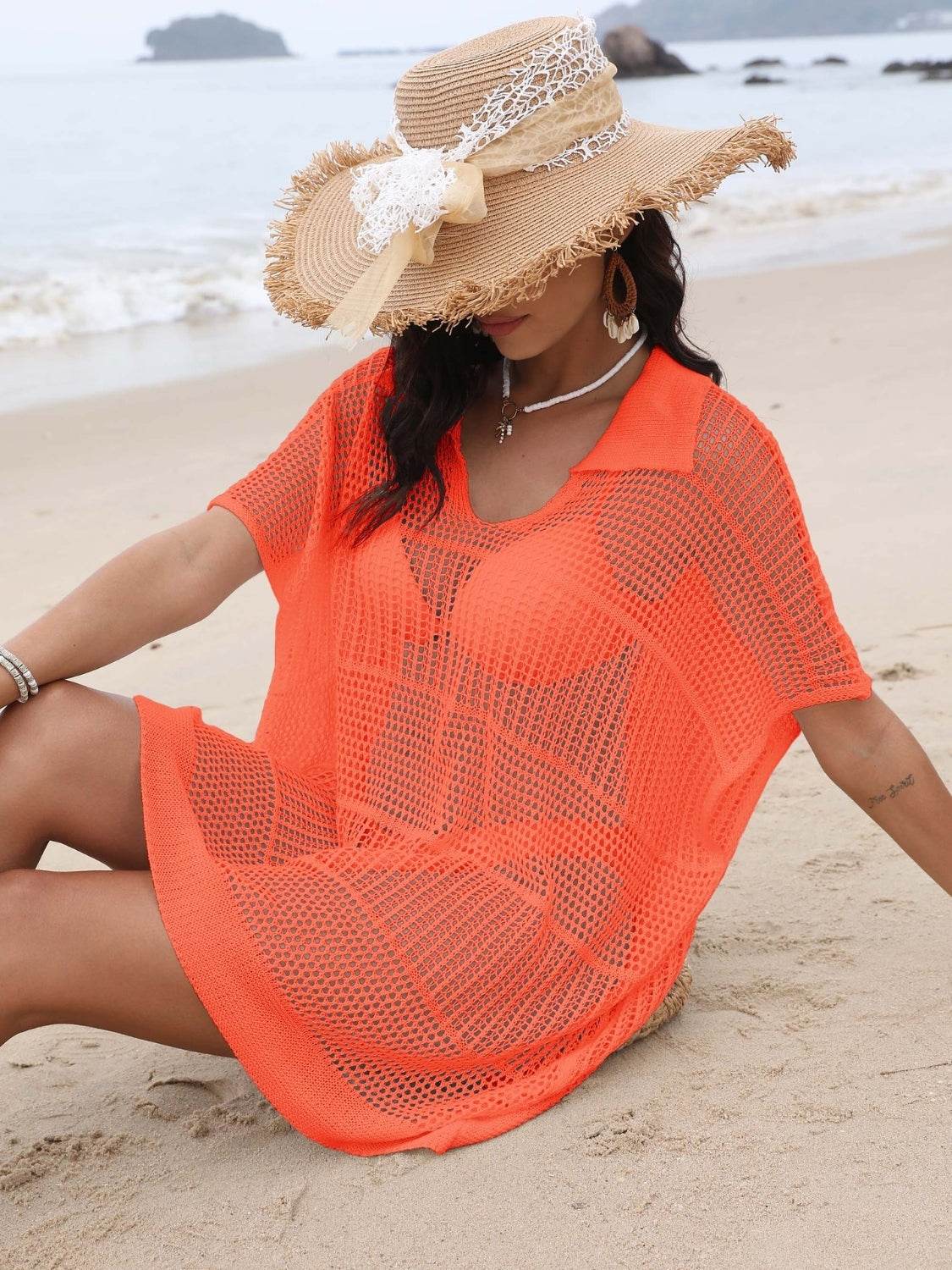 Hollow Out Collared Neck Cover-Up - Selvanelle