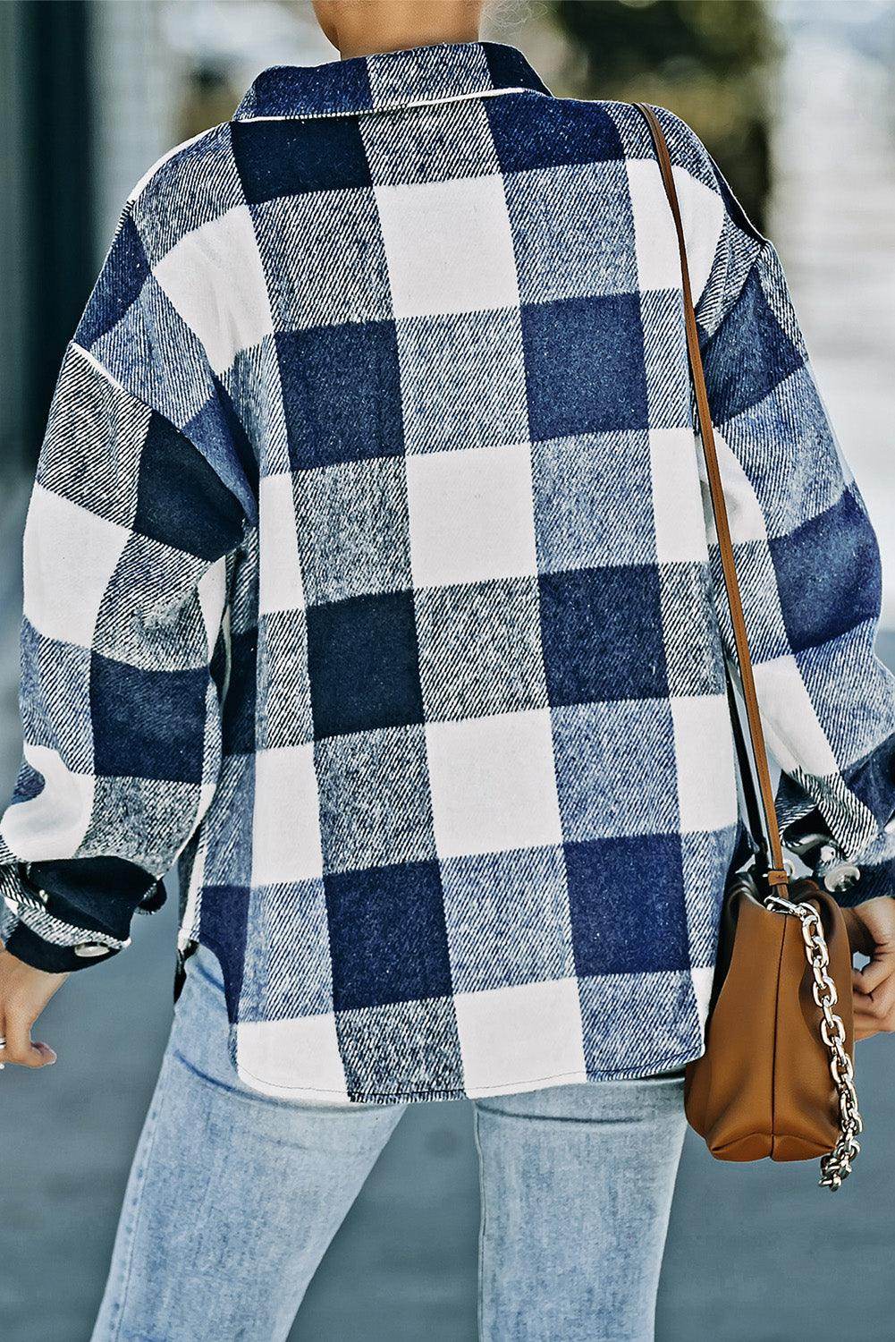 Plaid Button Up Dropped Shoulder Jacket for Women Stylish - Selvanelle