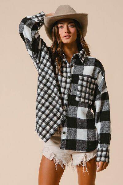 BiBi Plaid Fleece Button Down Long Sleeve Shirt for Women - Selvanelle