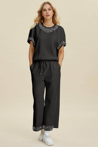 Double Take Full Size Pearl Detail Round Neck Top Pants Set - Selvanelle