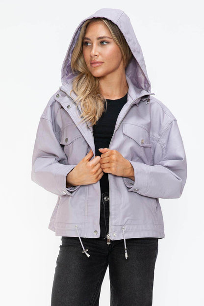 How Dare U Drawstring Hem PU Leather Zip Up Jacket Women - Selvanelle