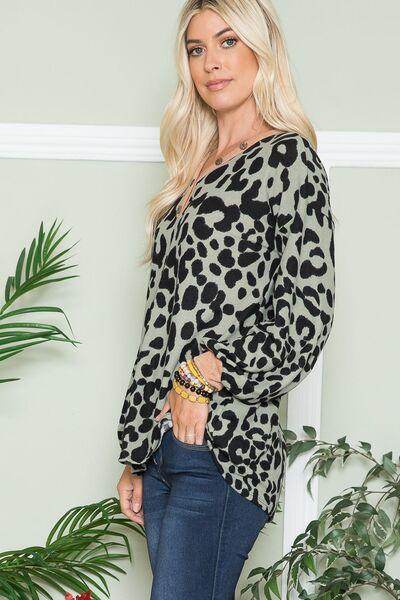 Celeste Full Size Leopard V-Neck Long Sleeve Blouse Fashion - Selvanelle