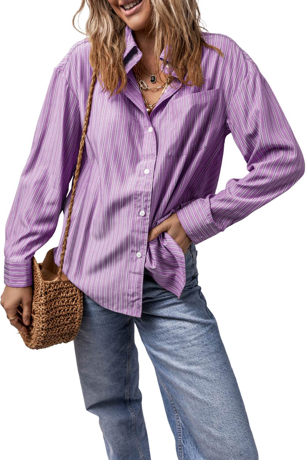 Striped Button Up Long Sleeve Shirt - Selvanelle