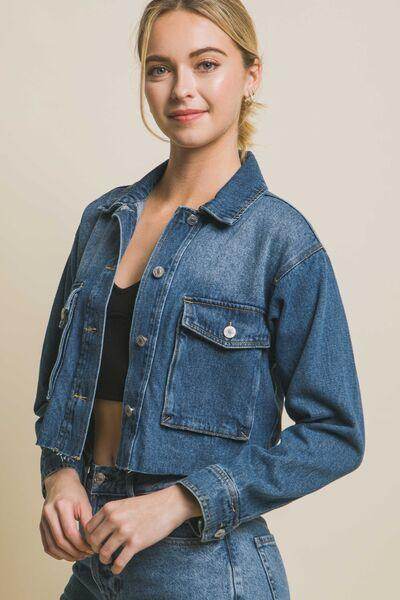 Love Tree Raw Hem Button Up Cropped Denim Jacket for Women - Selvanelle
