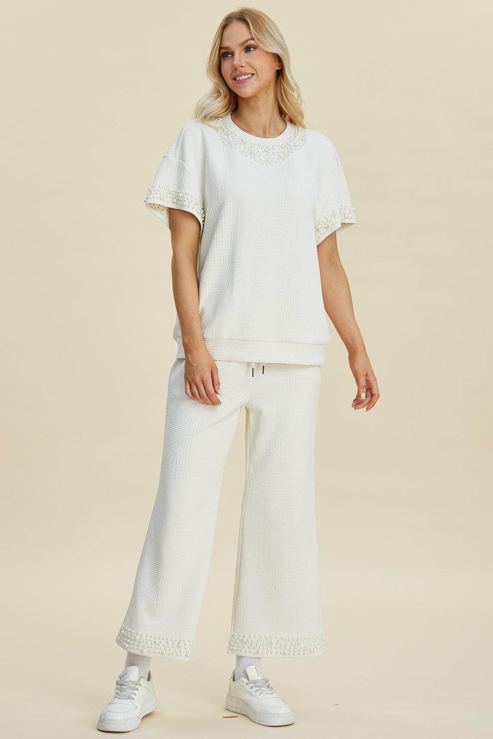 Double Take Full Size Pearl Detail Round Neck Top Pants Set - Selvanelle