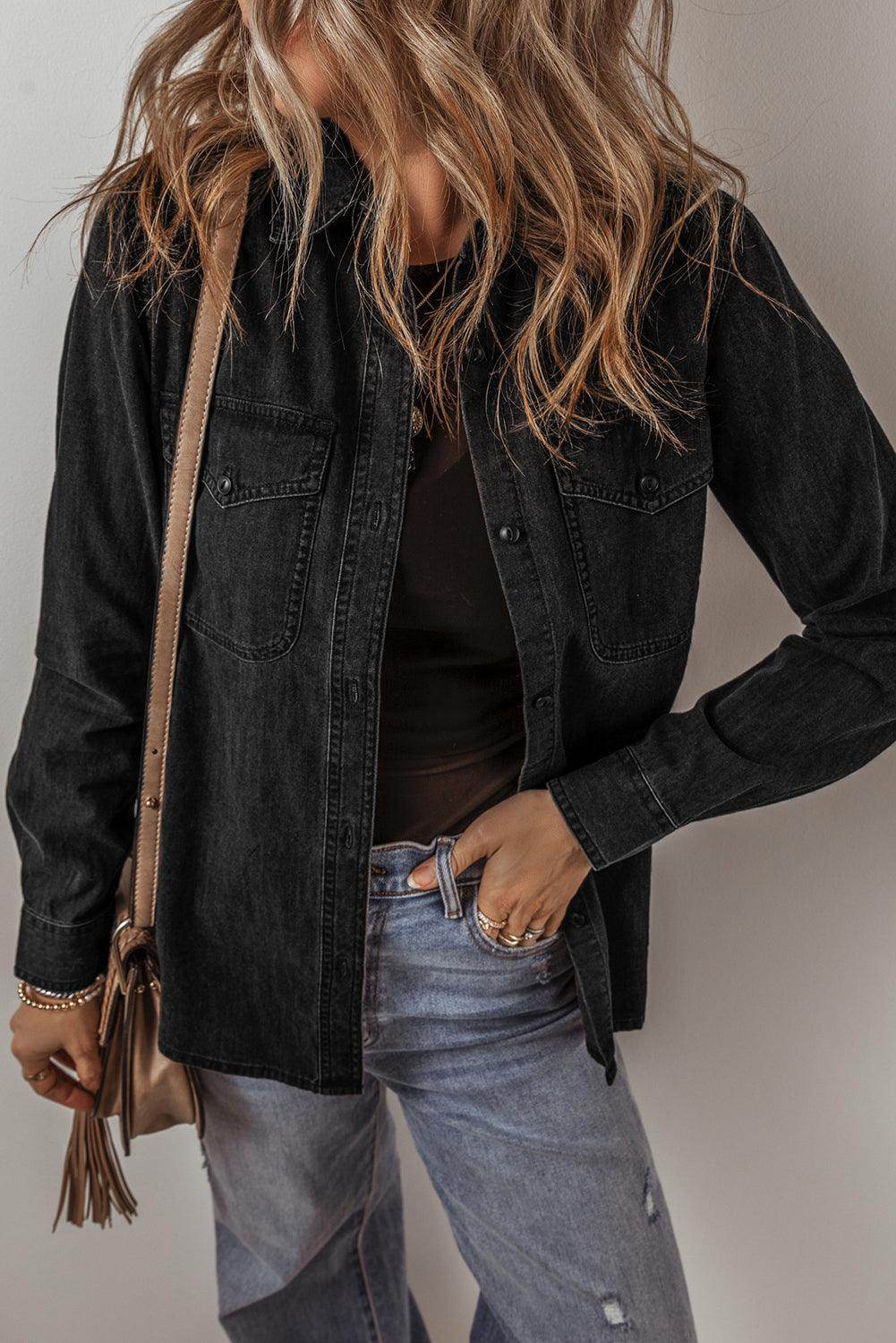 Button Up Long Sleeve Denim Jacket for Women Stylish Fit - Selvanelle