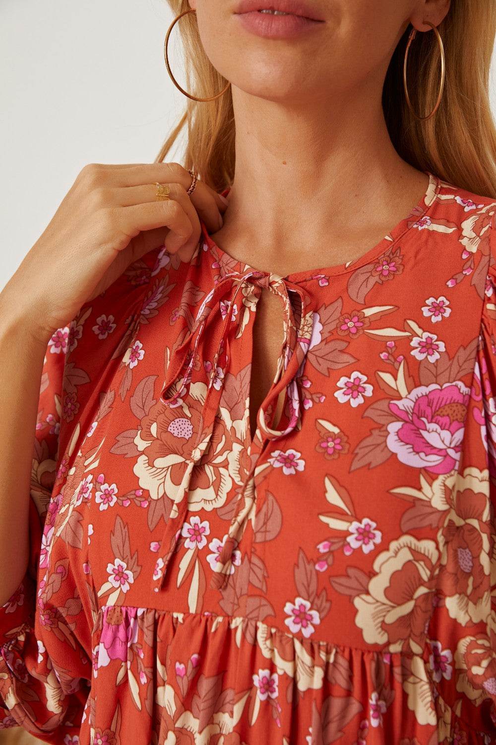 Floral Tie Neck Half Sleeve Dress - Selvanelle
