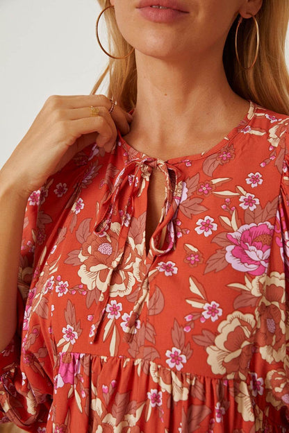 Floral Tie Neck Half Sleeve Dress - Selvanelle