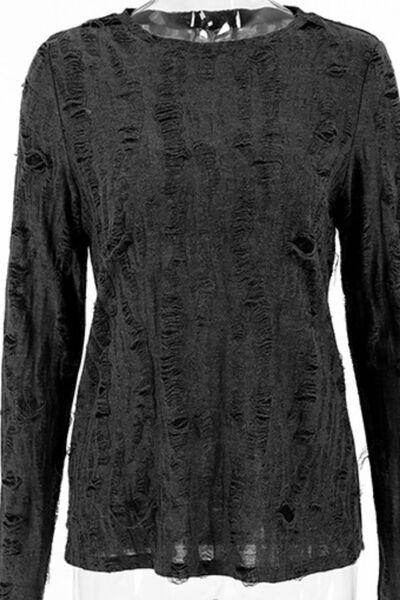 Distressed Round Neck Long Sleeve Blouse for Women Stylish - Selvanelle