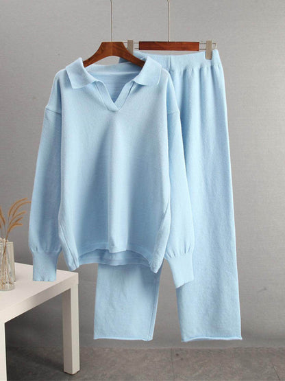 Johnny Collar Long Sleeve Top and Pants Sweater Set Women - Selvanelle