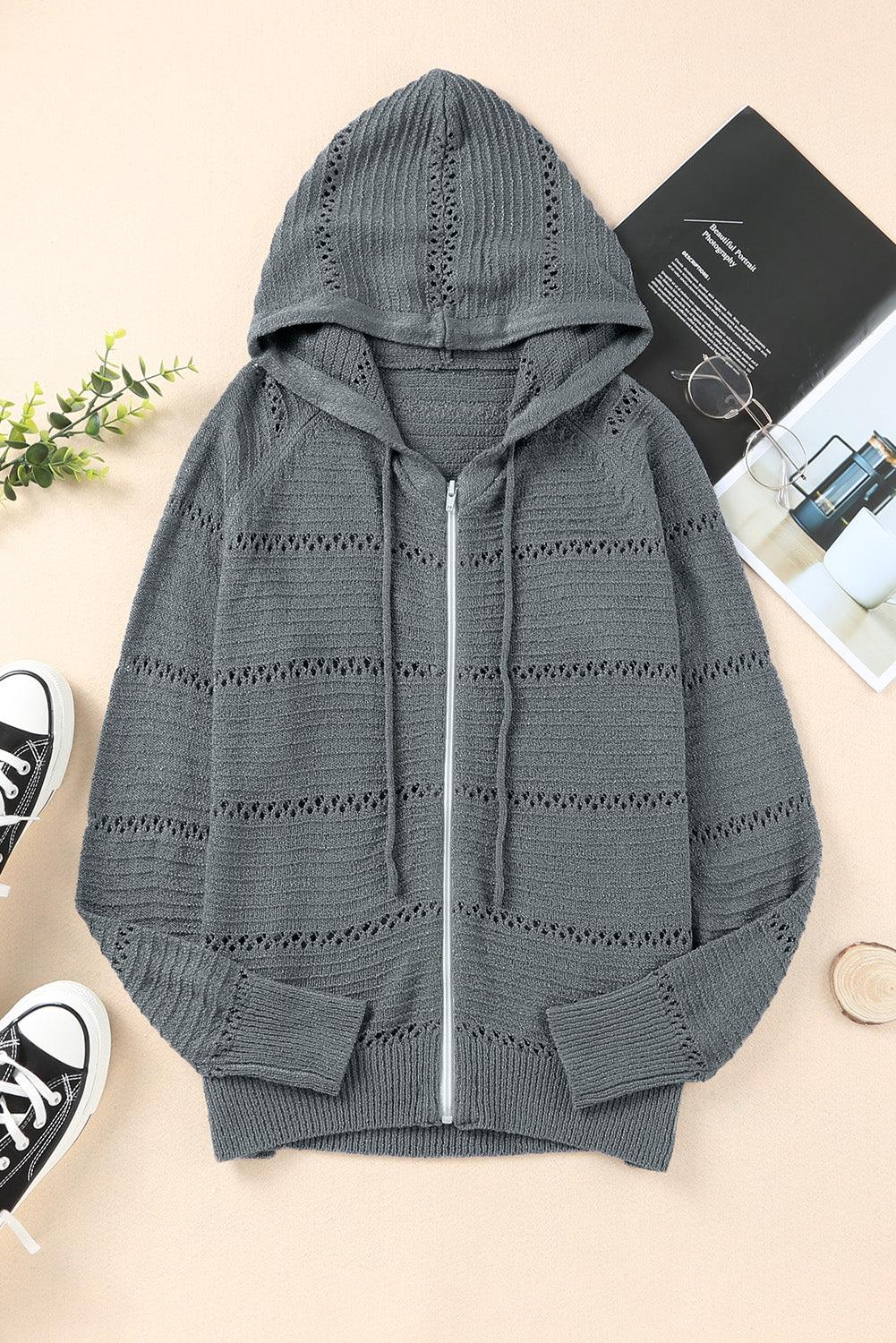 Zip-Up Raglan Sleeve Openwork Hooded Cardigan for Women