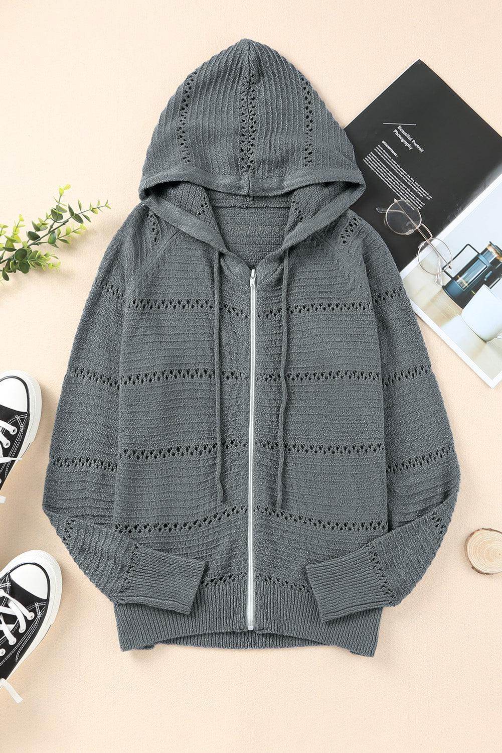 Zip-Up Raglan Sleeve Openwork Hooded Cardigan for Women - Selvanelle