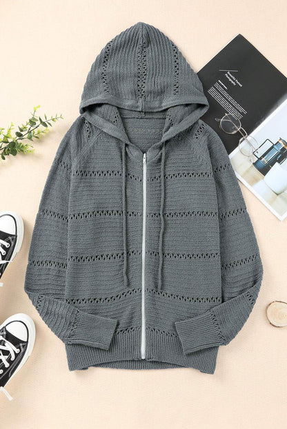 Zip-Up Raglan Sleeve Openwork Hooded Cardigan for Women - Selvanelle