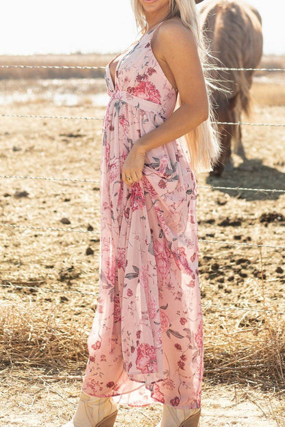 Floral Pleated Deep V Backless Maxi Dress - Selvanelle
